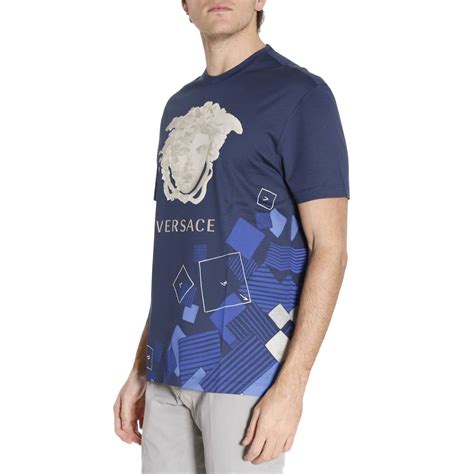 versace t shirt mens blue and white|Versace collection men shirt.